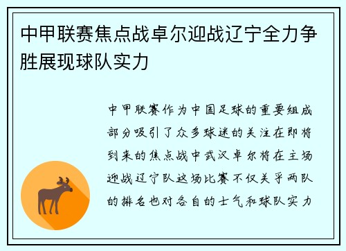中甲联赛焦点战卓尔迎战辽宁全力争胜展现球队实力